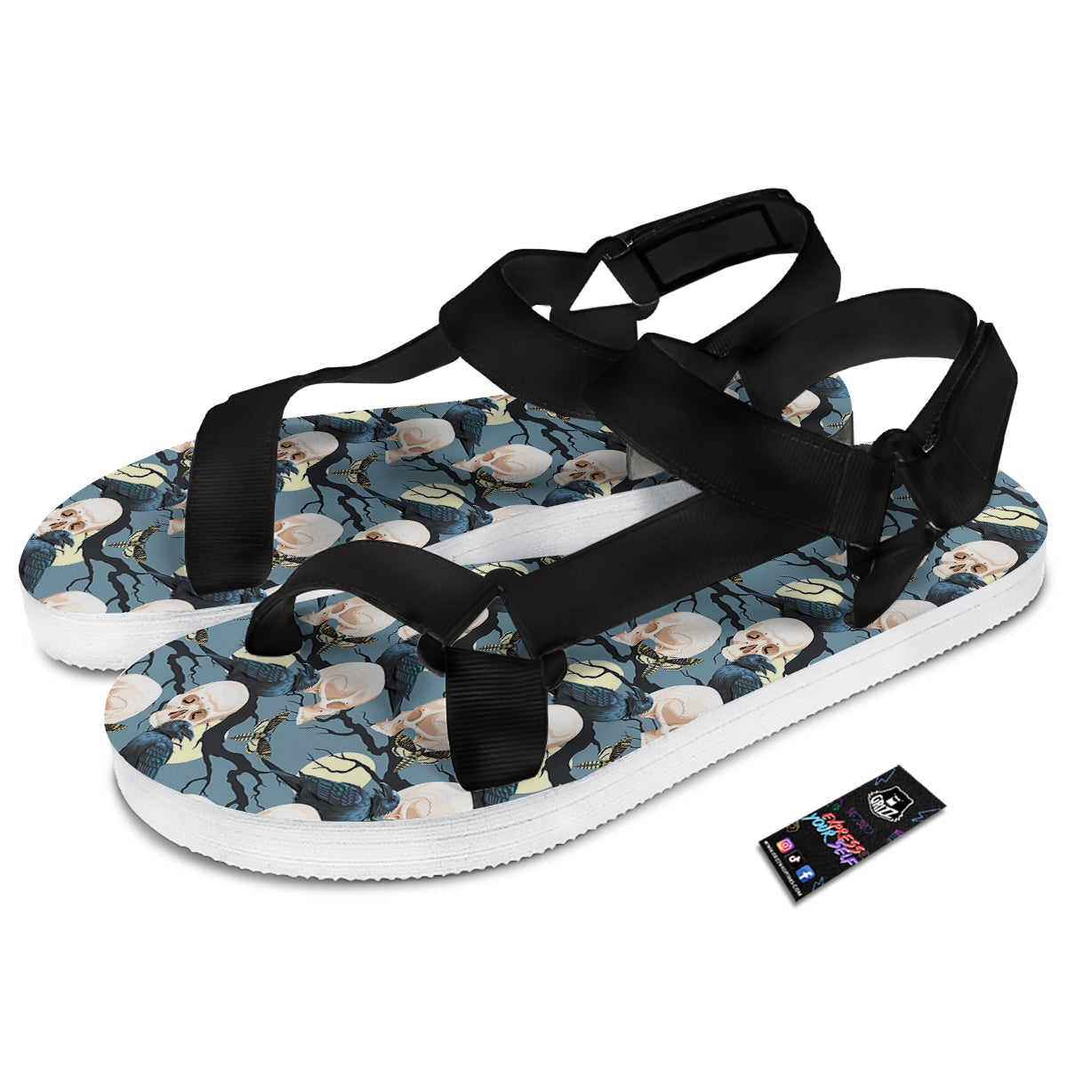 Raven Skull Print Pattern Black Open Toe Sandals-grizzshop