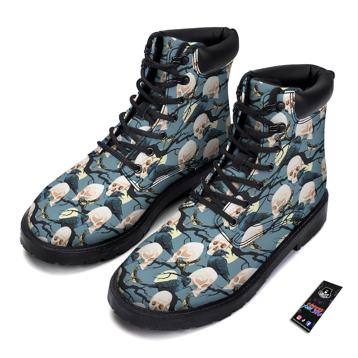 Raven Skull Print Pattern Boots-grizzshop