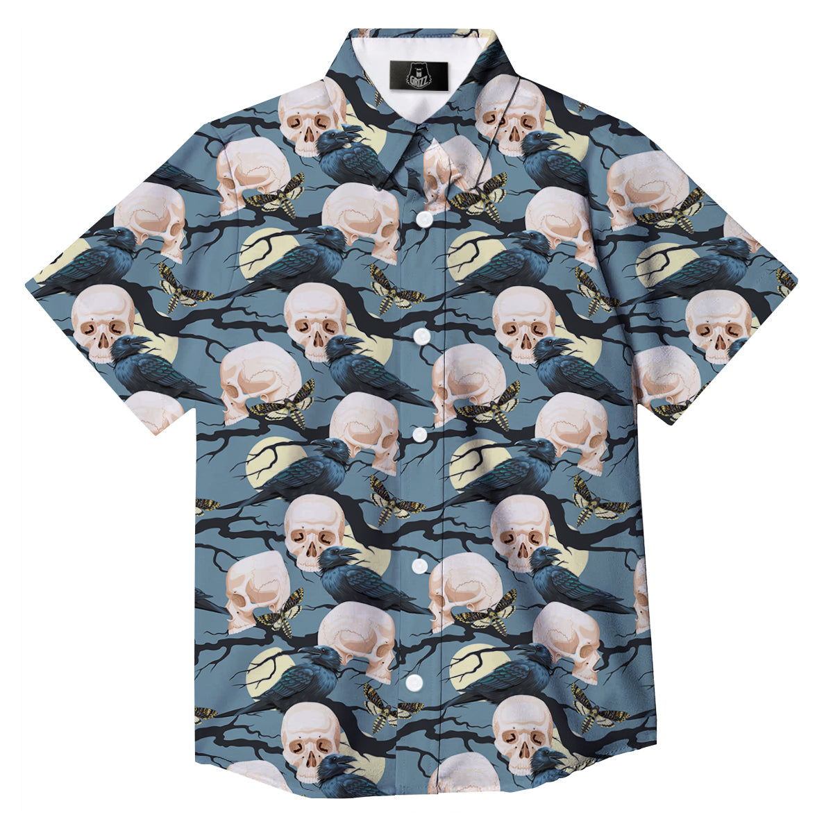 Raven Skull Print Pattern Button Up Shirt-grizzshop