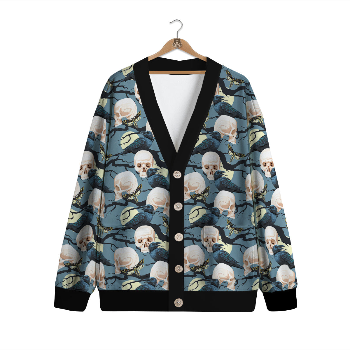 Raven Skull Print Pattern Cardigan-grizzshop