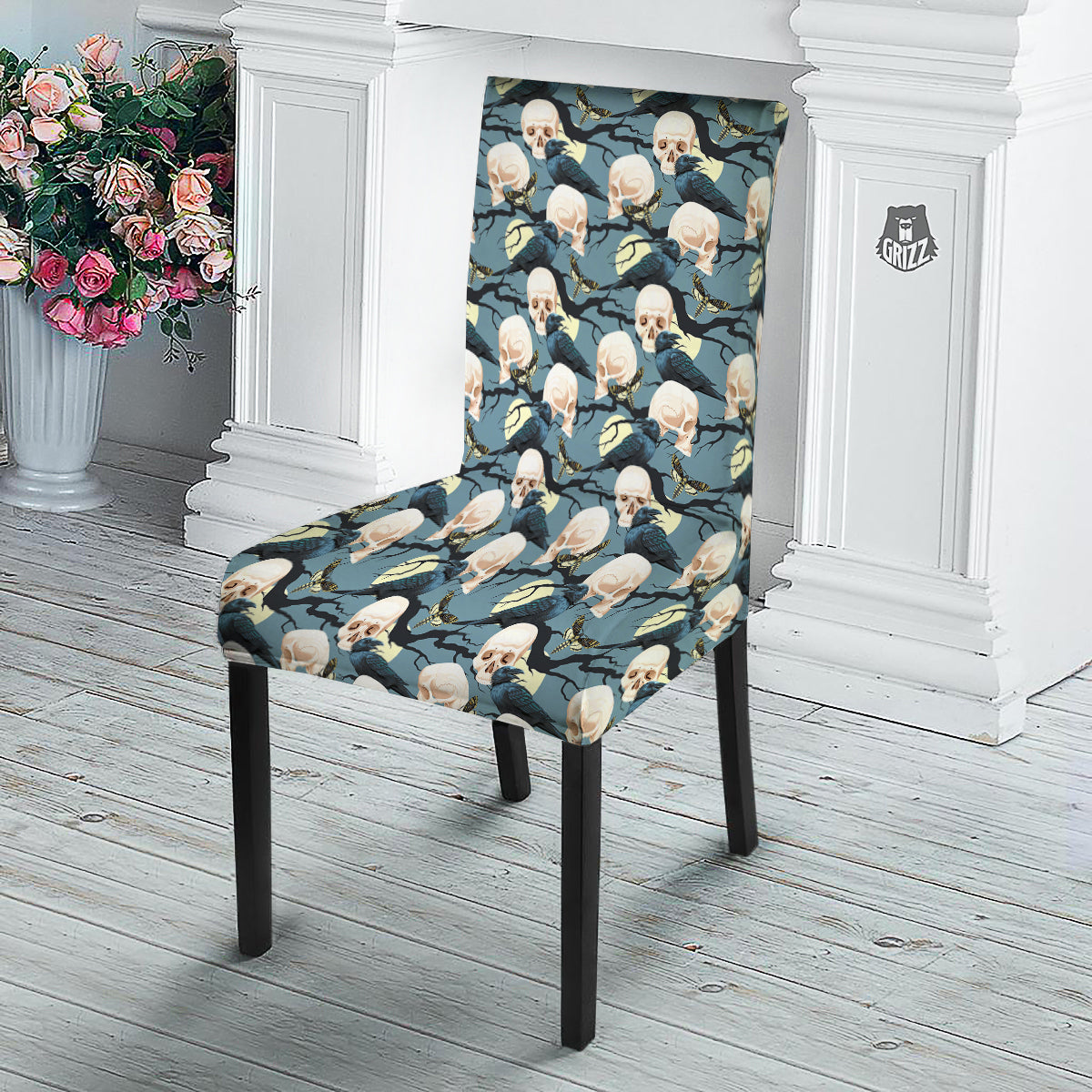 Raven Skull Print Pattern Dining Chair Slipcover-grizzshop