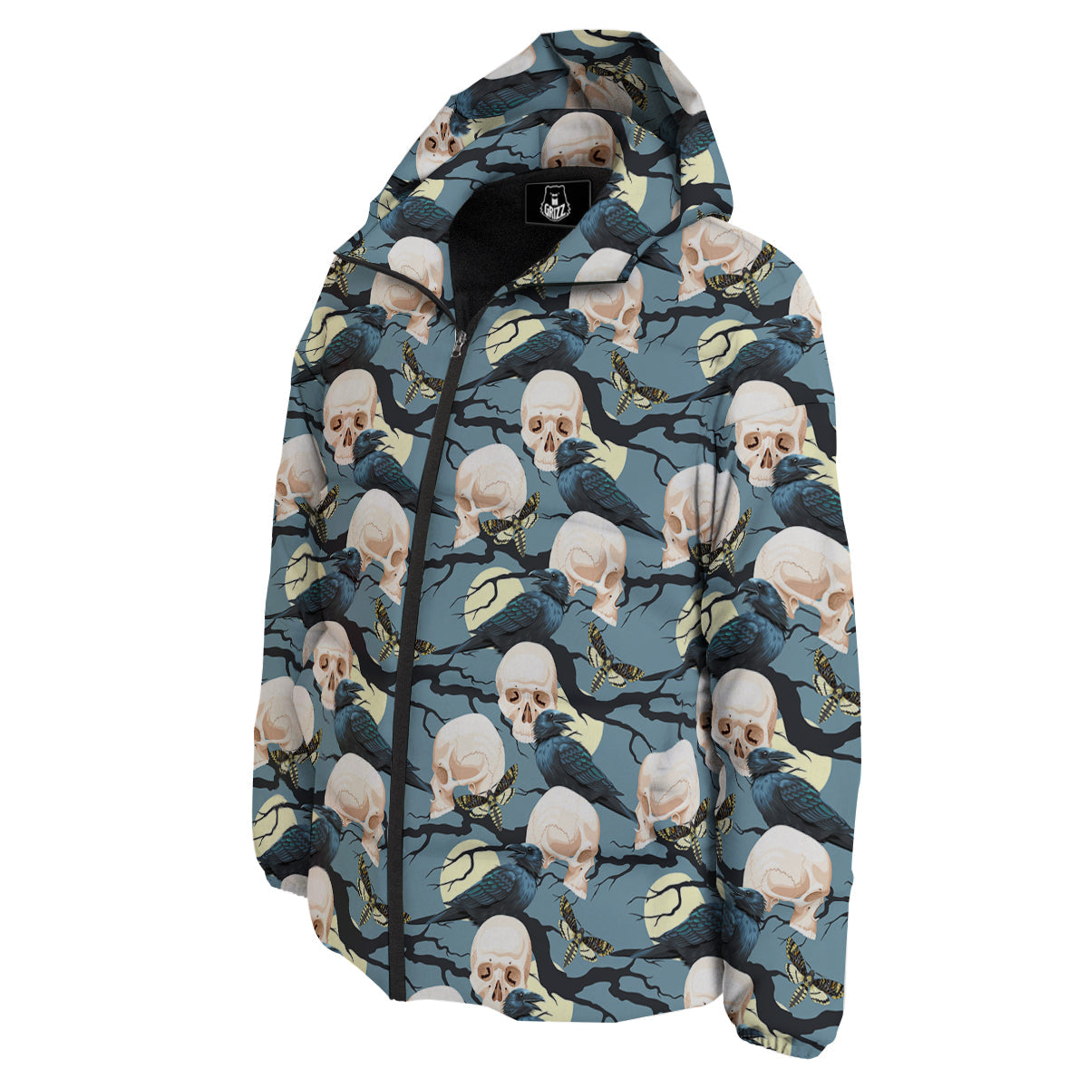 Raven Skull Print Pattern Down Jacket-grizzshop