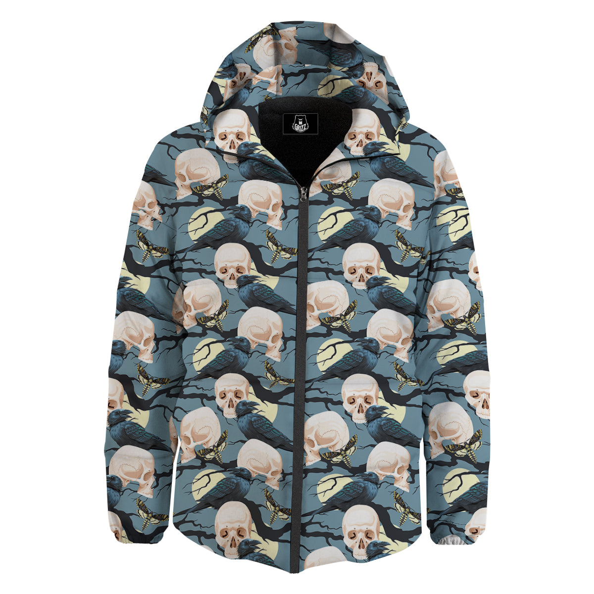 Raven Skull Print Pattern Down Jacket-grizzshop