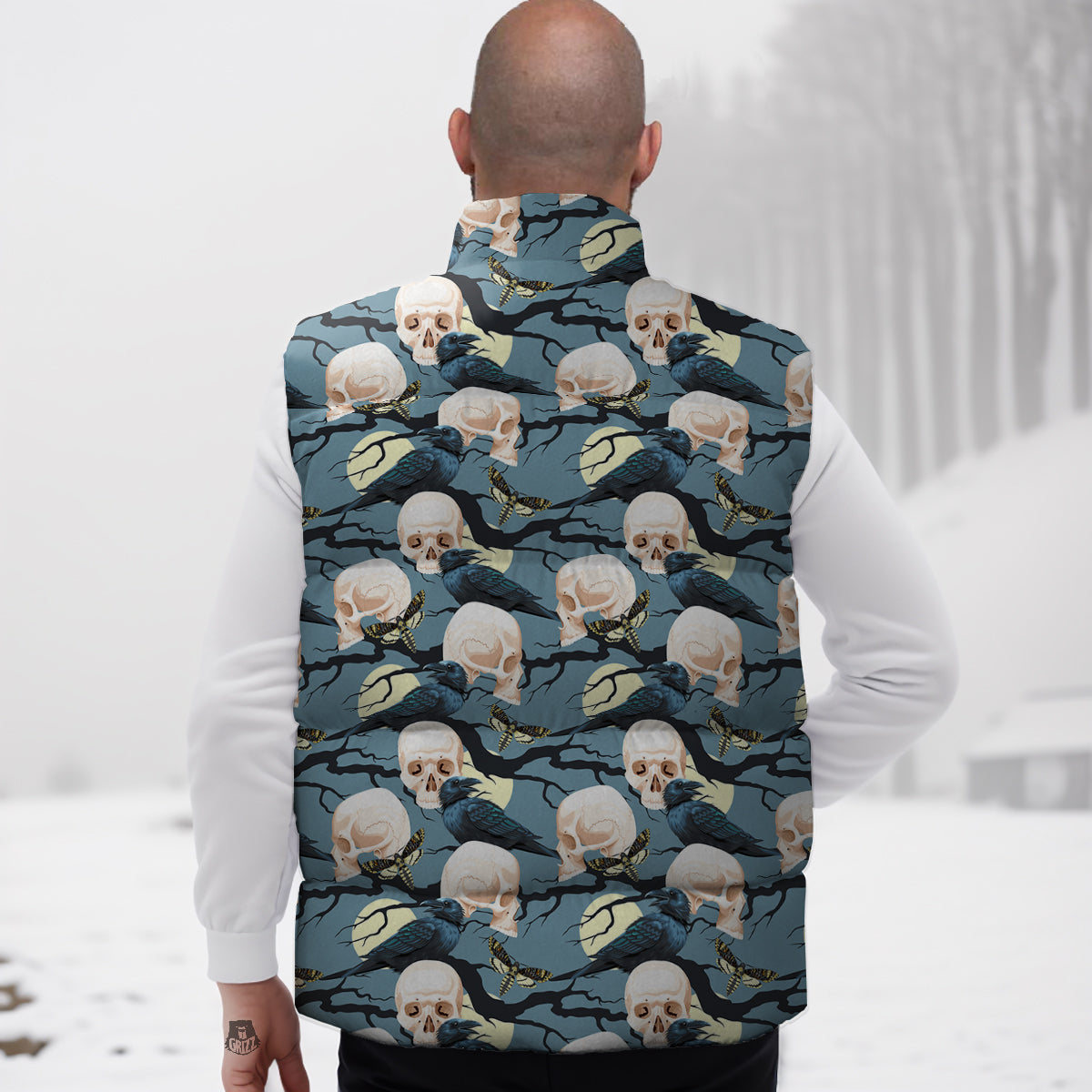 Raven Skull Print Pattern Down Vest