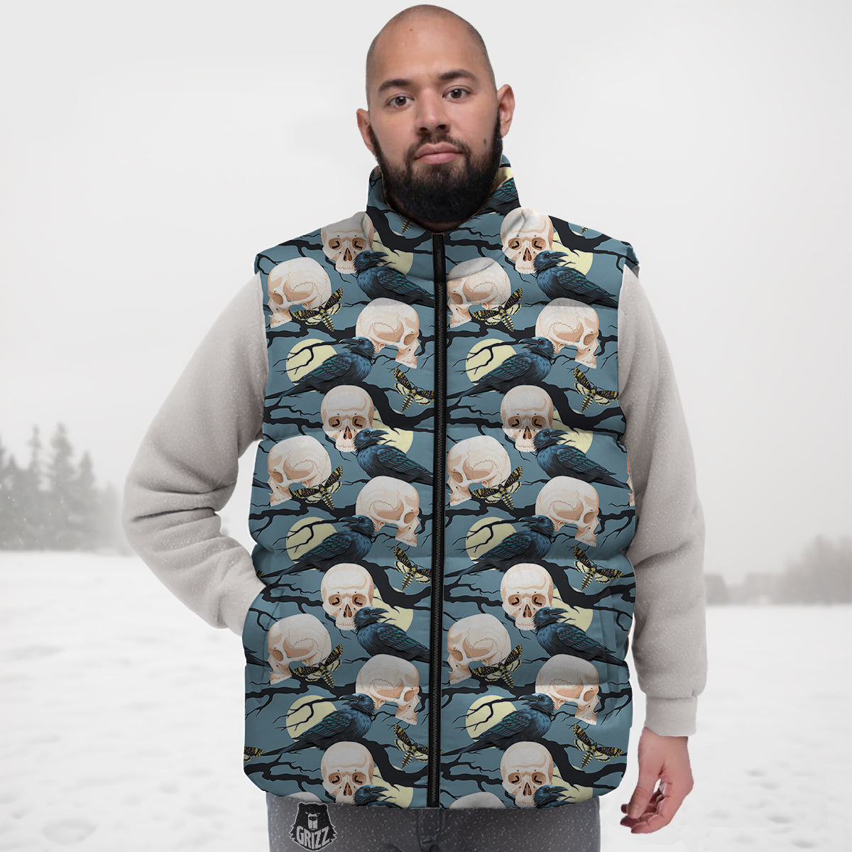 Raven Skull Print Pattern Down Vest