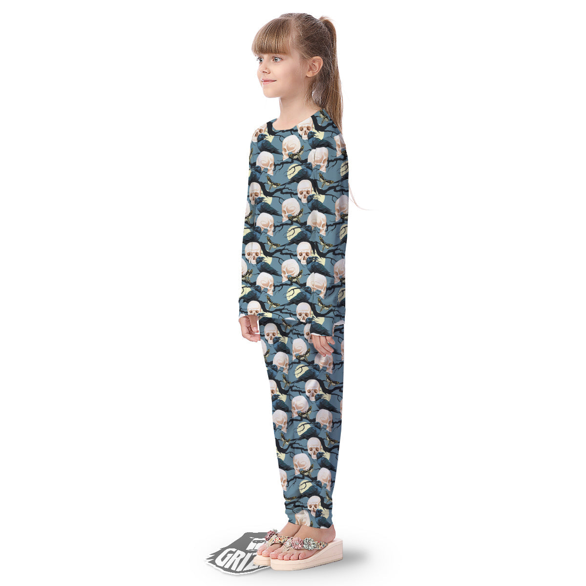 Raven Skull Print Pattern Kid's Pajamas-grizzshop