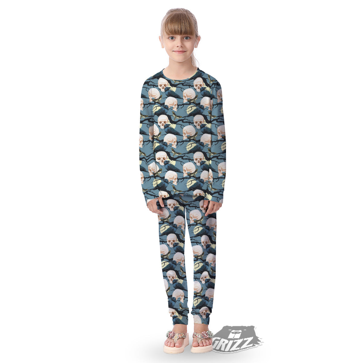 Raven Skull Print Pattern Kid's Pajamas-grizzshop