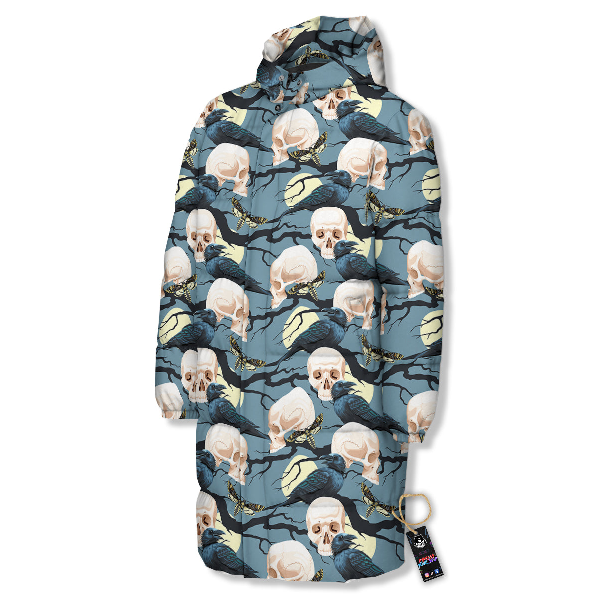 Raven Skull Print Pattern Long Down Jacket-grizzshop