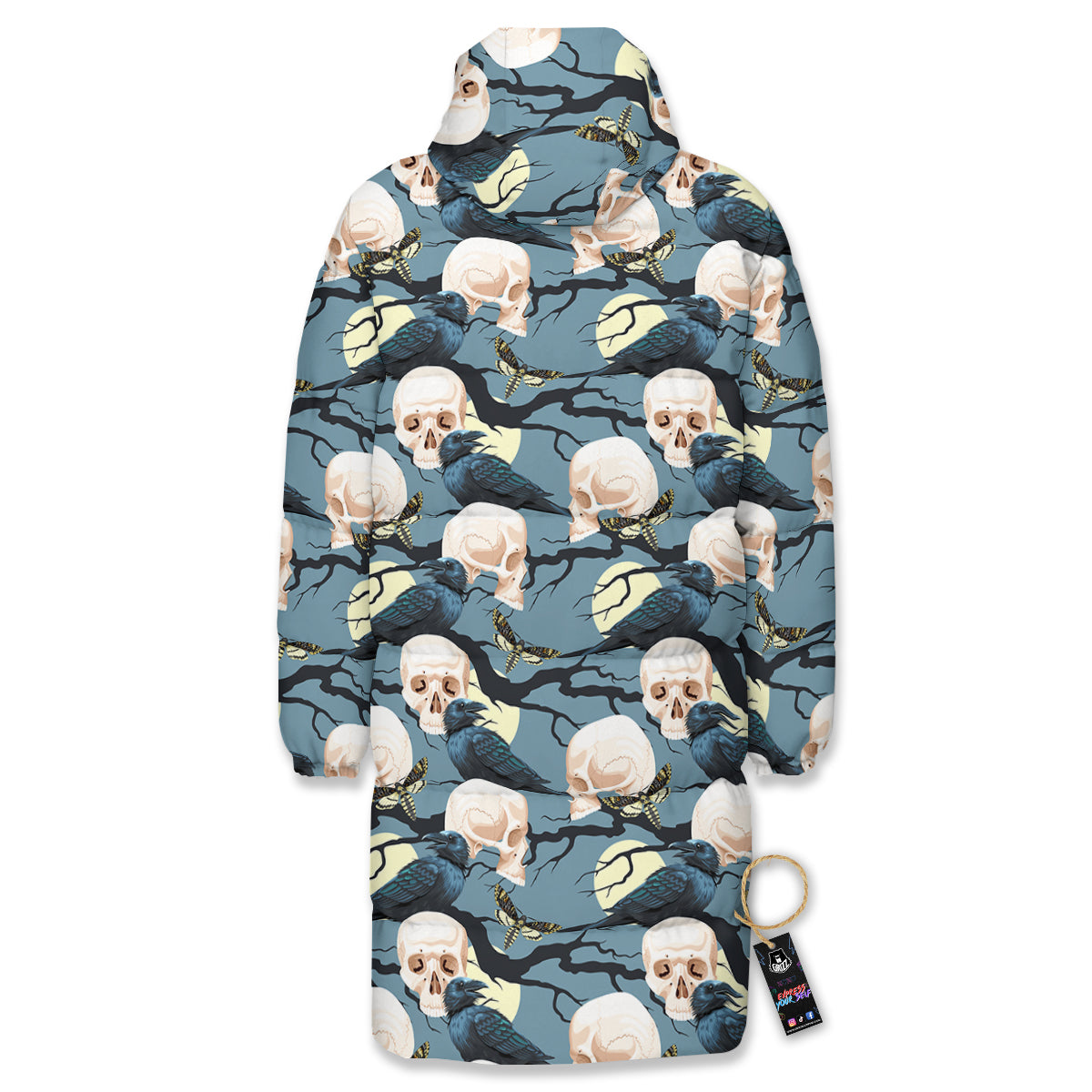 Raven Skull Print Pattern Long Down Jacket-grizzshop