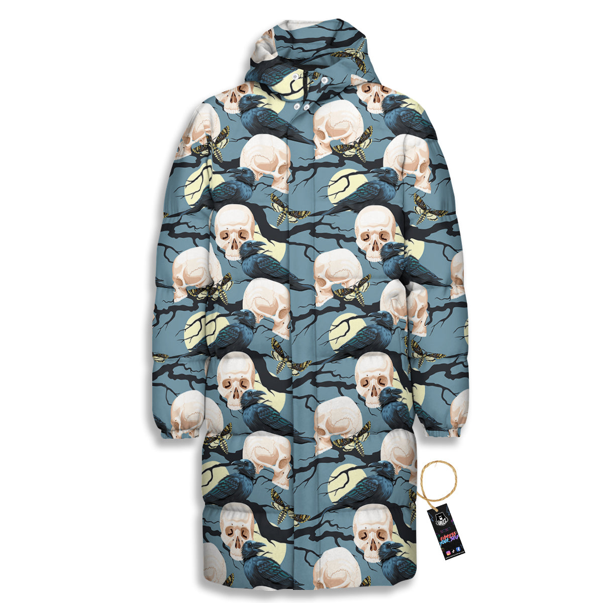 Raven Skull Print Pattern Long Down Jacket-grizzshop