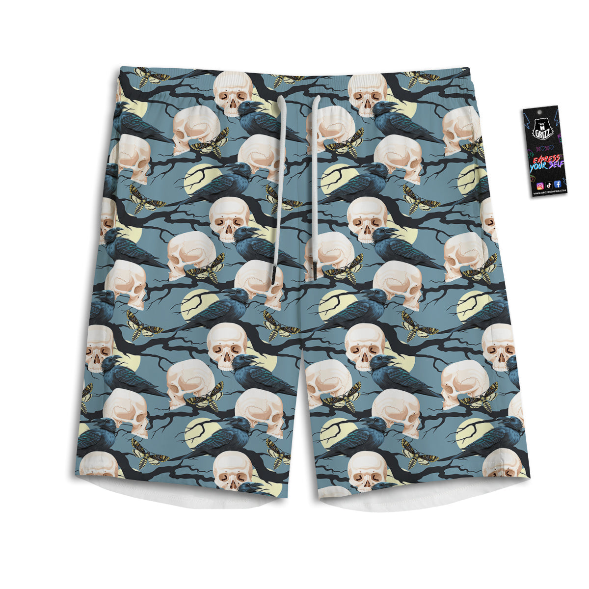 Raven Skull Print Pattern Men's Athletic Shorts