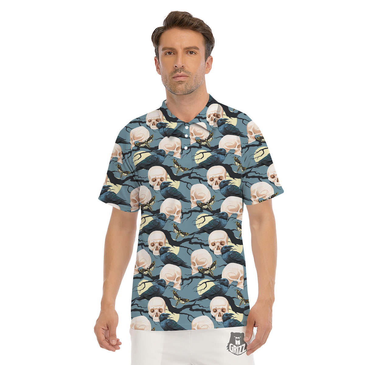Raven Skull Print Pattern Men's Golf Shirts-grizzshop