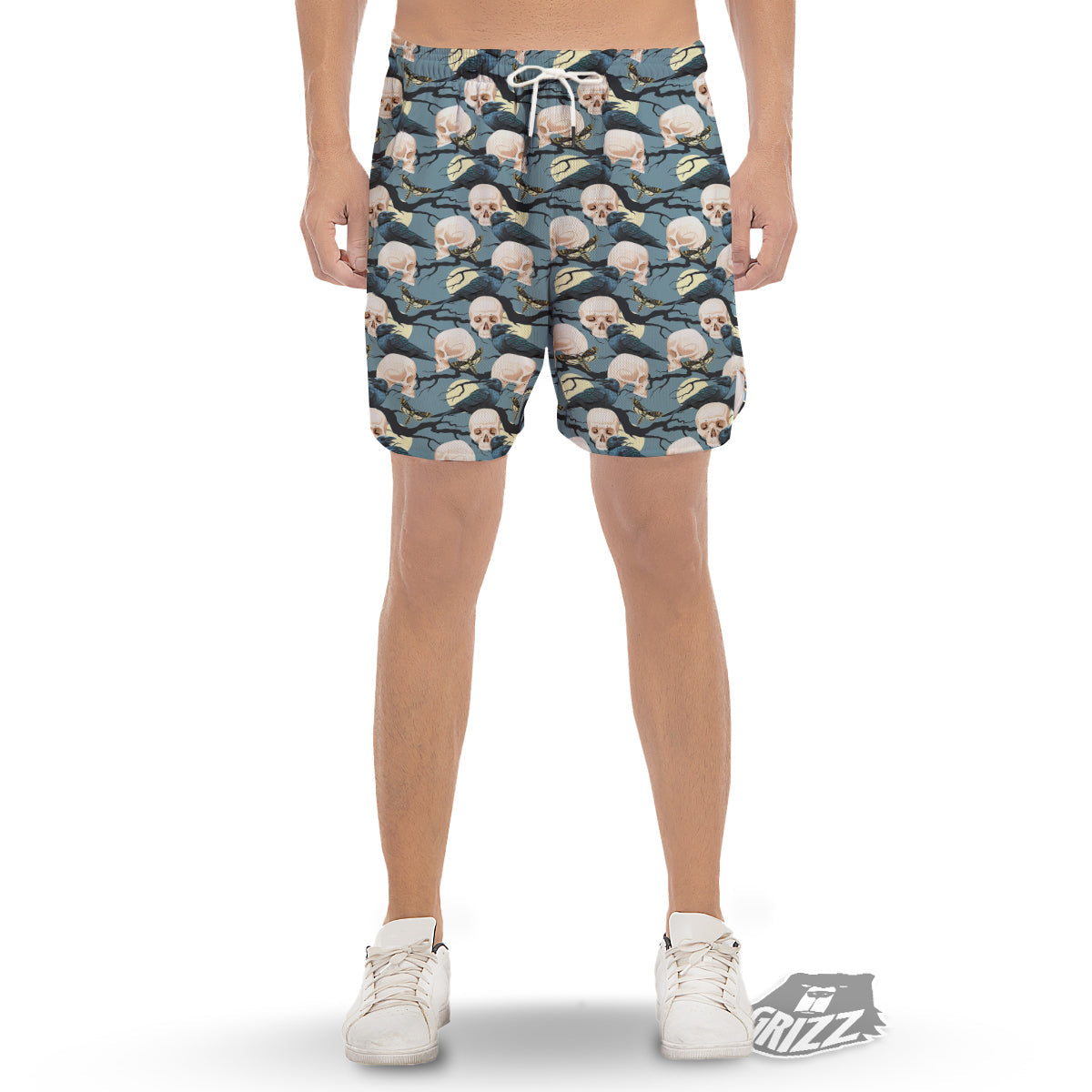 Raven Skull Print Pattern Men's Gym Shorts-grizzshop