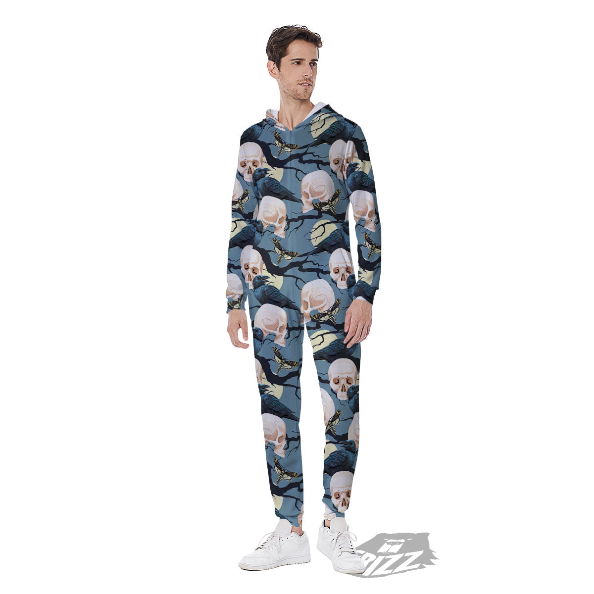 Raven Skull Print Pattern Men's Jumpsuit-grizzshop