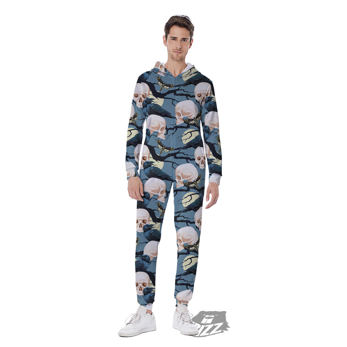 Raven Skull Print Pattern Men's Jumpsuit-grizzshop