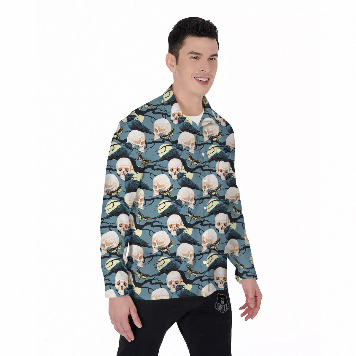 Raven Skull Print Pattern Men's Long Sleeve Shirts-grizzshop