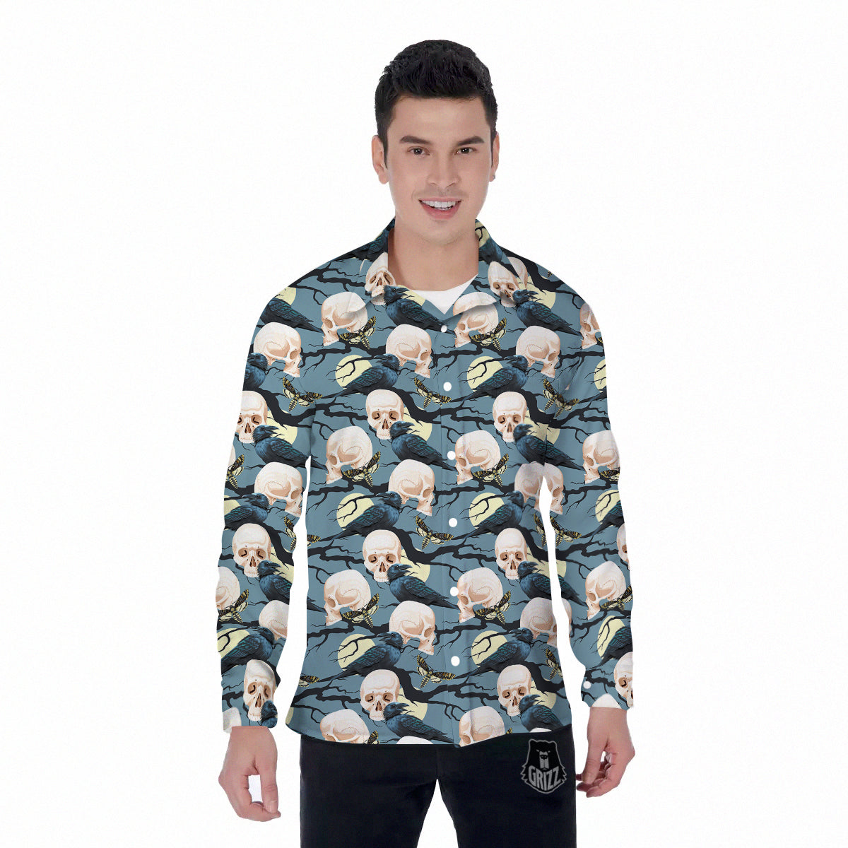 Raven Skull Print Pattern Men's Long Sleeve Shirts-grizzshop