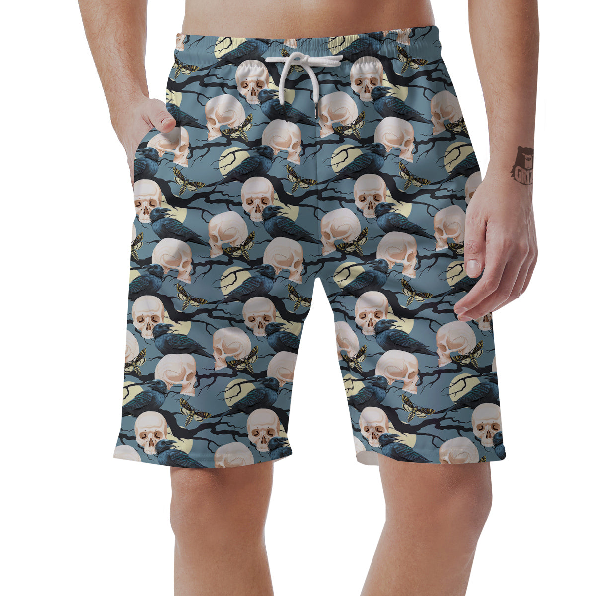 Raven Skull Print Pattern Men's Shorts-grizzshop