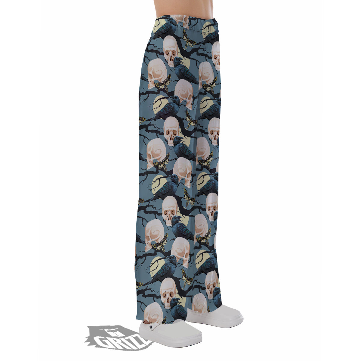 Raven Skull Print Pattern Pajama Pants-grizzshop