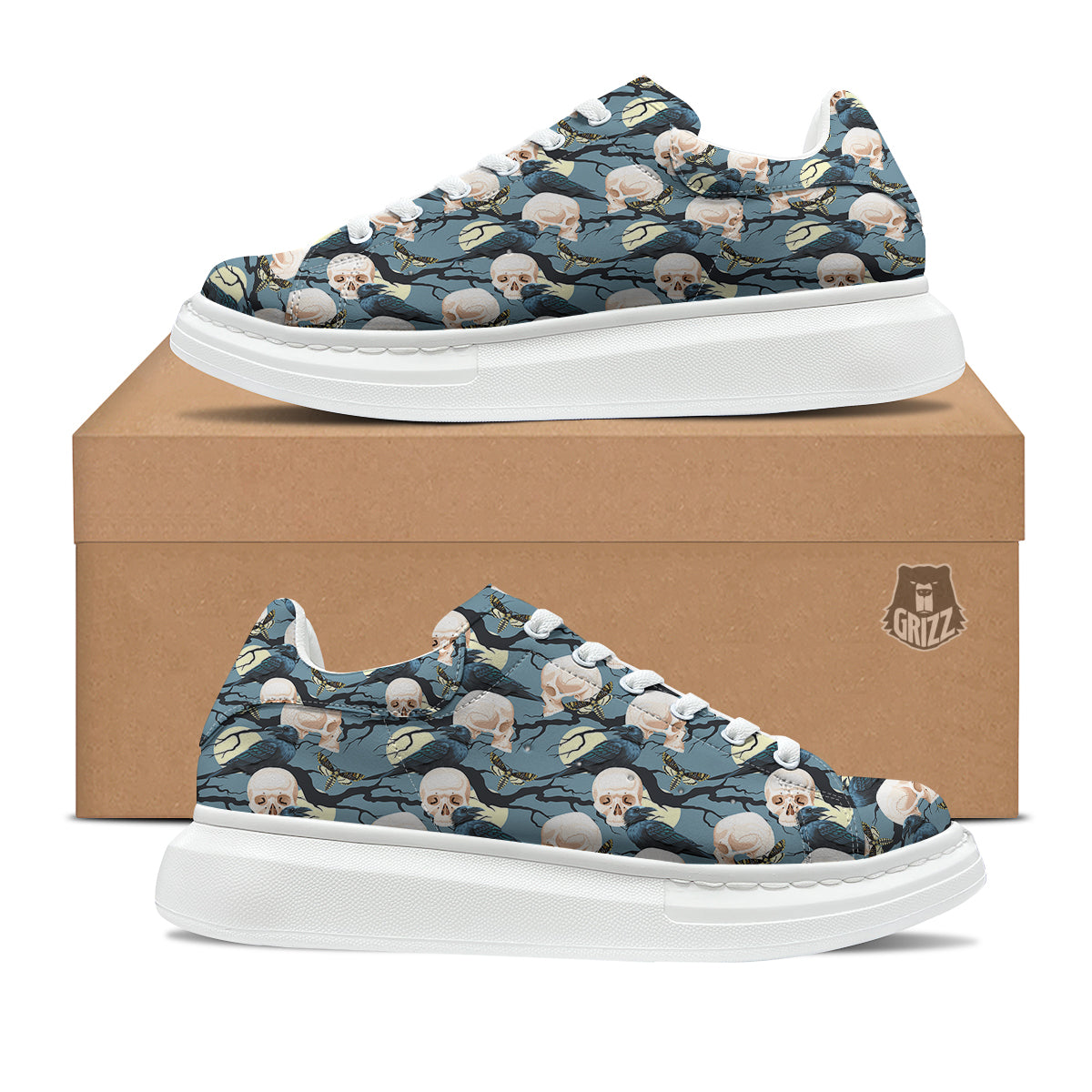 Raven Skull Print Pattern Platform Shoes-grizzshop