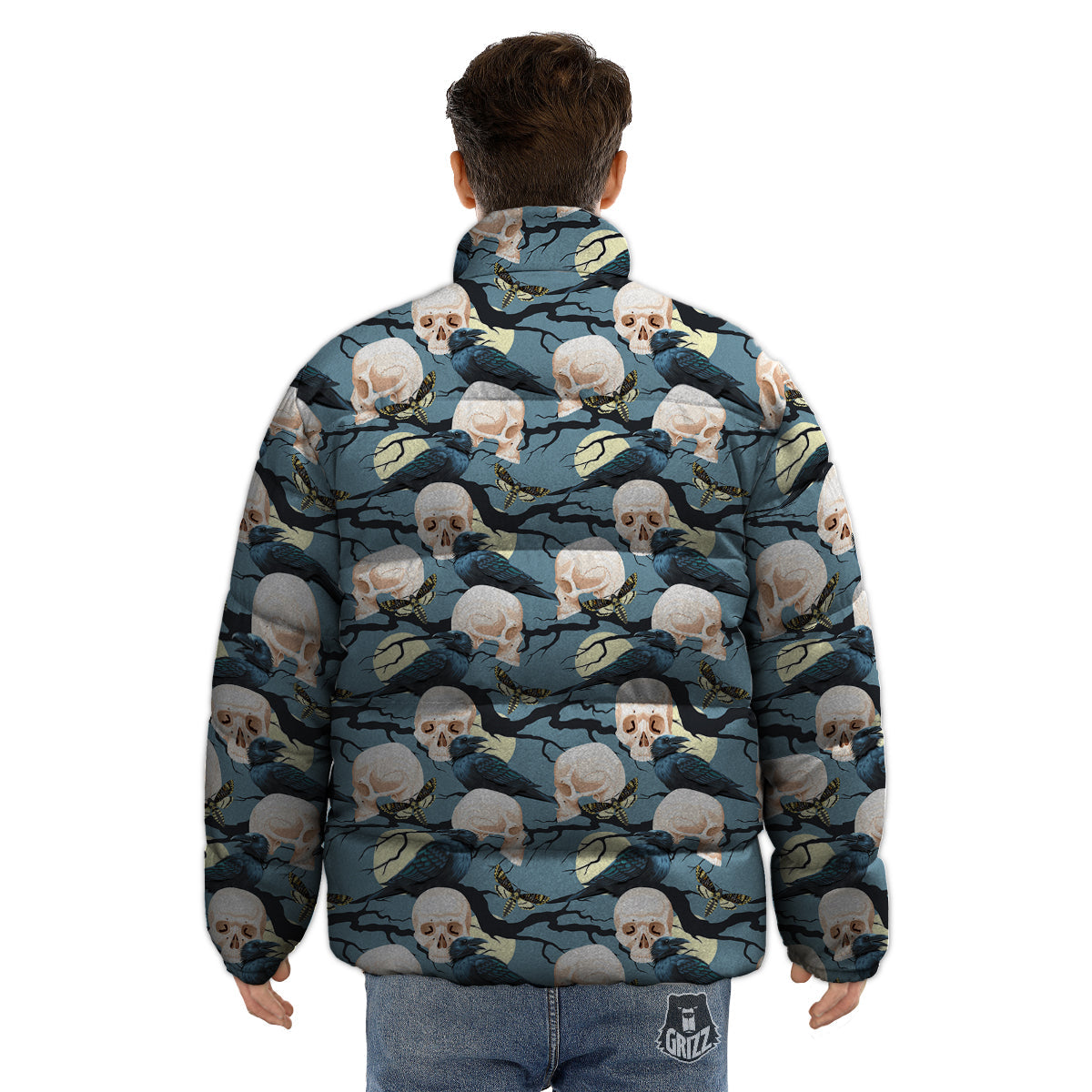 Raven Skull Print Pattern Puffer Jacket-grizzshop