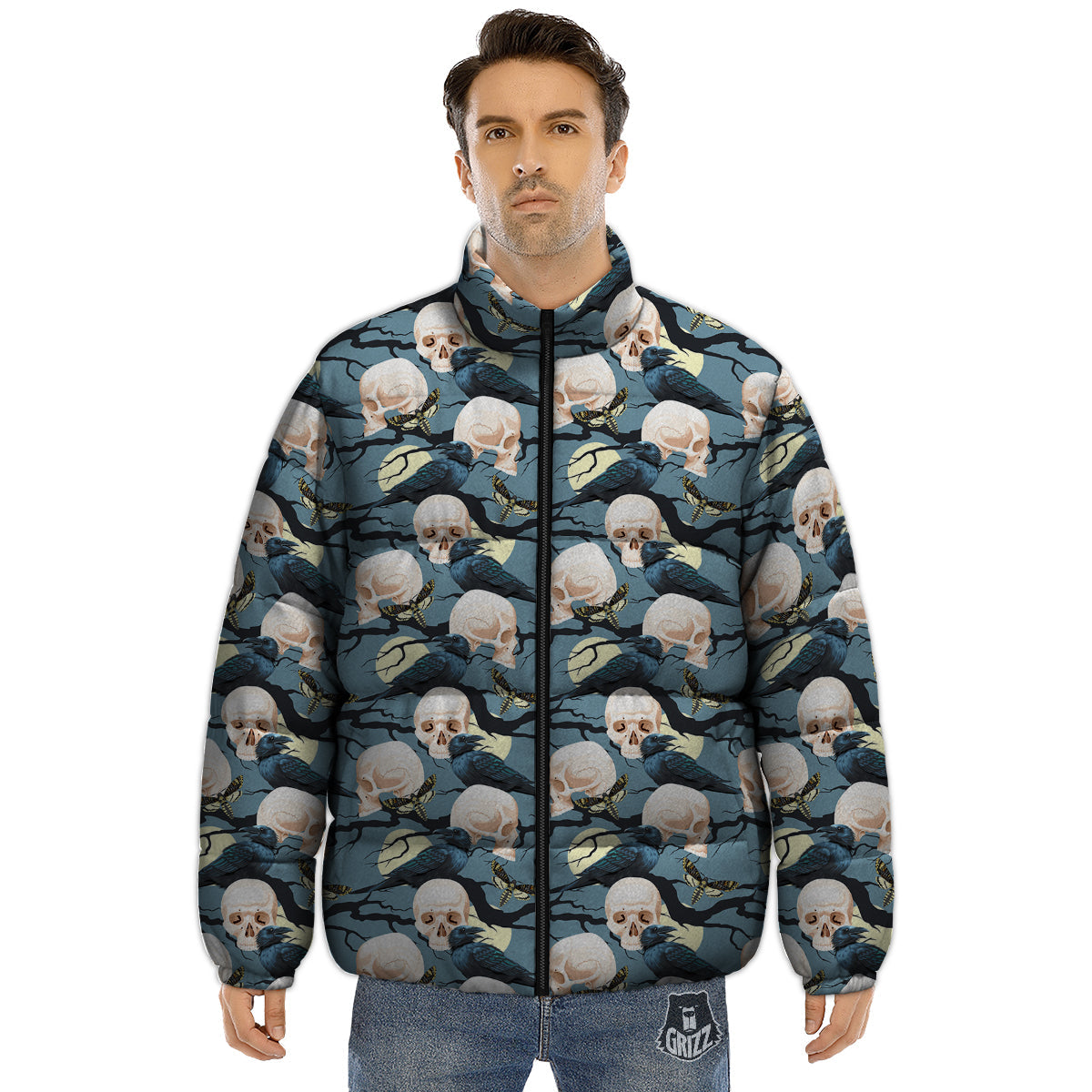 Raven Skull Print Pattern Puffer Jacket-grizzshop
