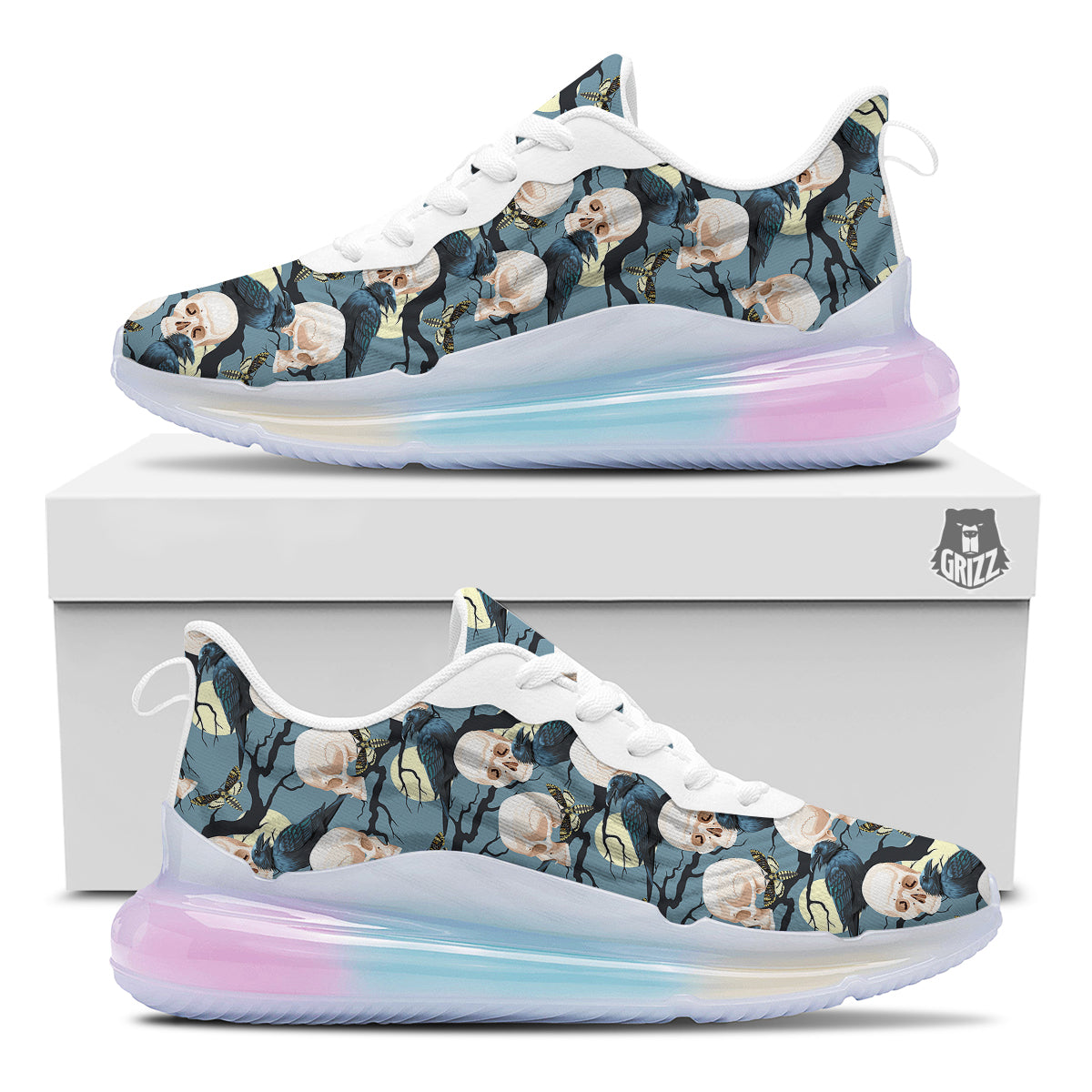 Raven Skull Print Pattern Running Sneakers-grizzshop