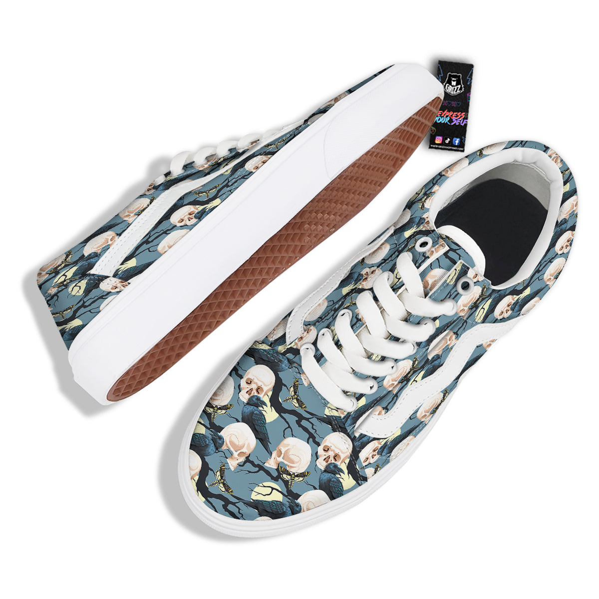 Raven Skull Print Pattern Skate Shoes-grizzshop