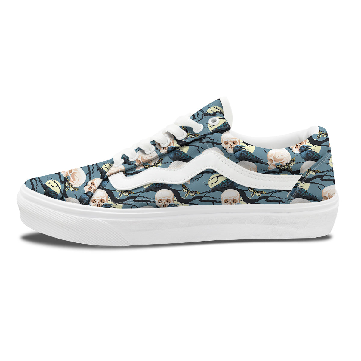 Raven Skull Print Pattern Skate Shoes-grizzshop
