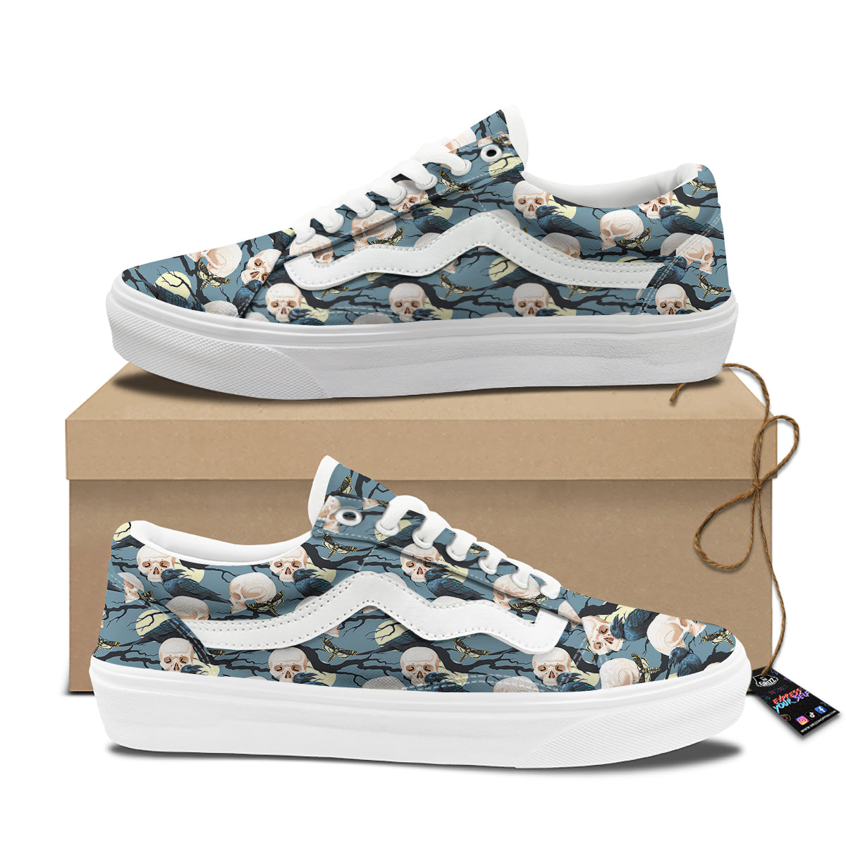 Raven Skull Print Pattern Skate Shoes-grizzshop