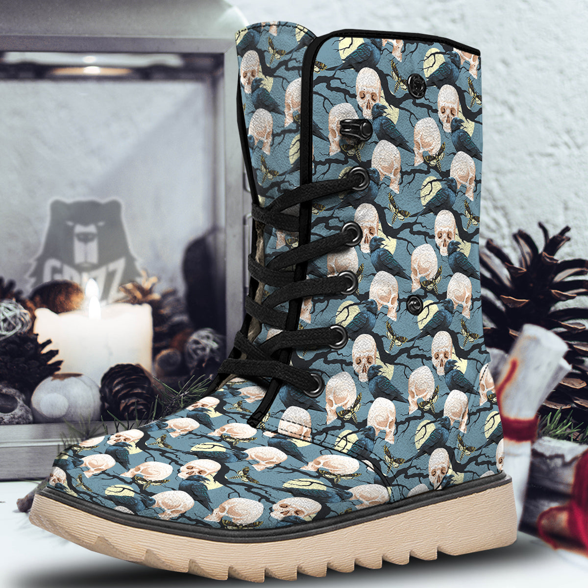 Raven Skull Print Pattern Snow Boots-grizzshop