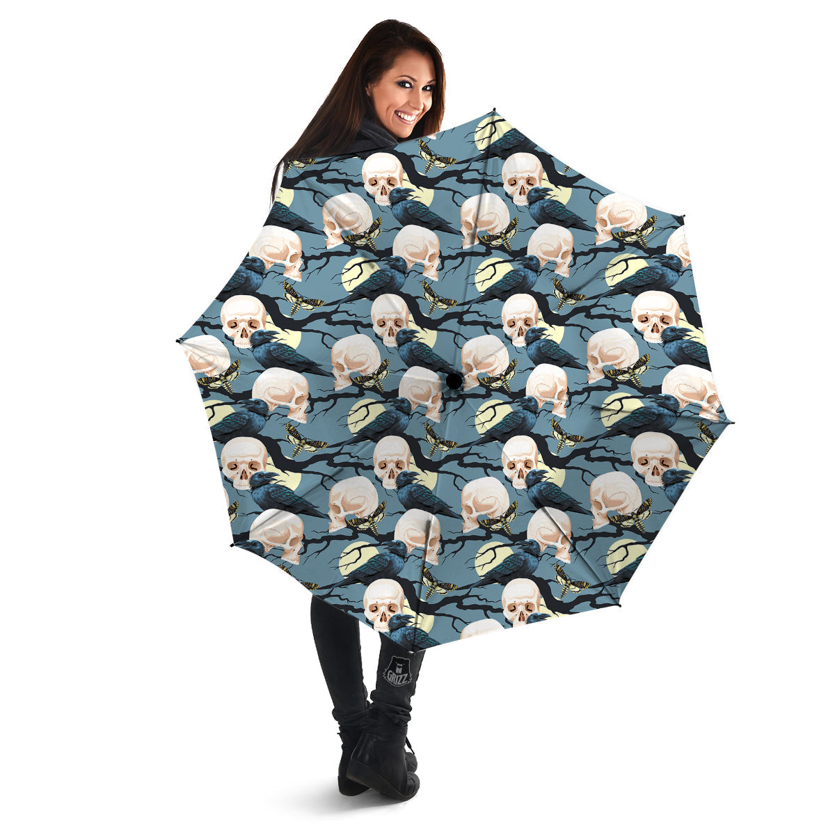 Raven Skull Print Pattern Umbrella-grizzshop
