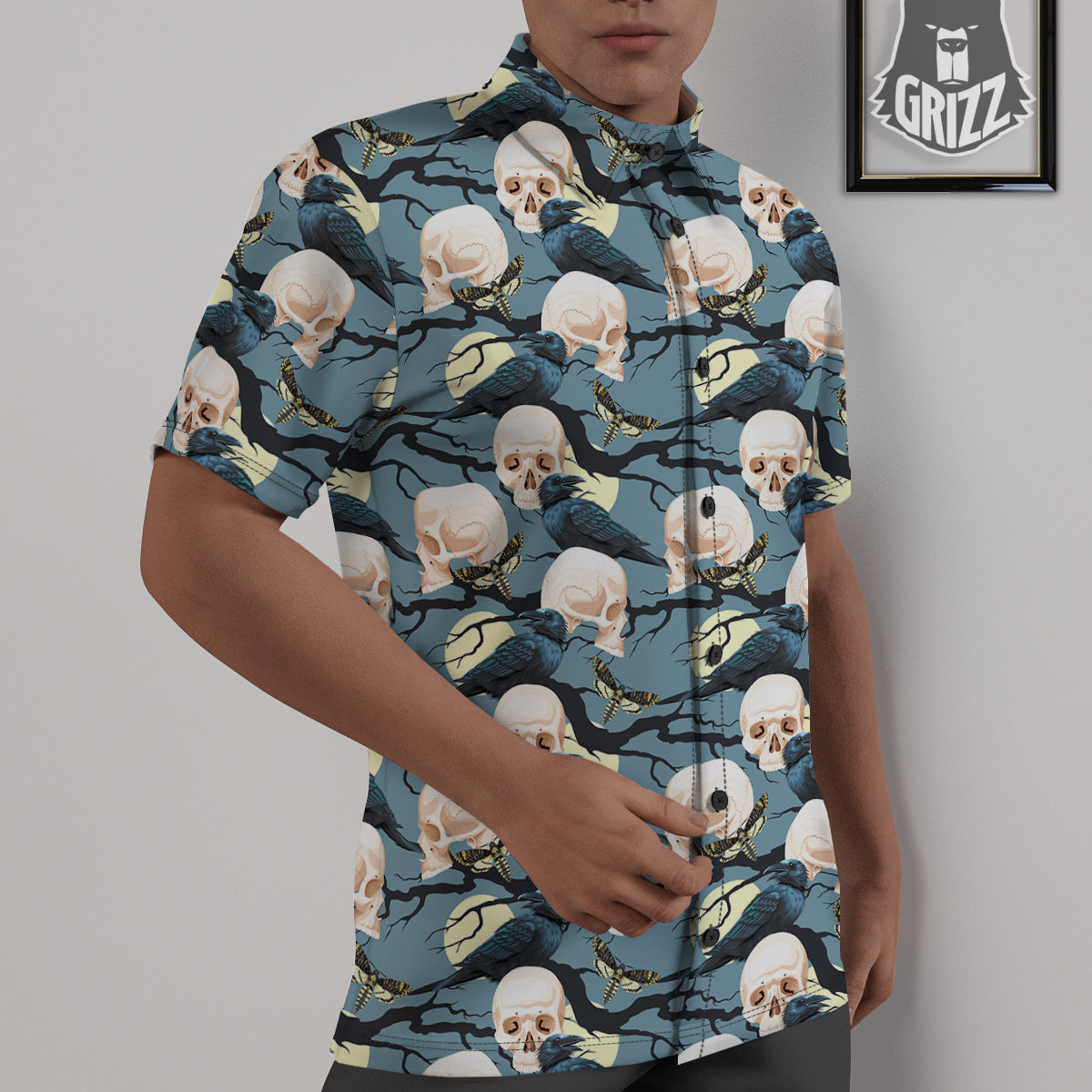 Raven Skull Print Pattern Untucked Shirts-grizzshop