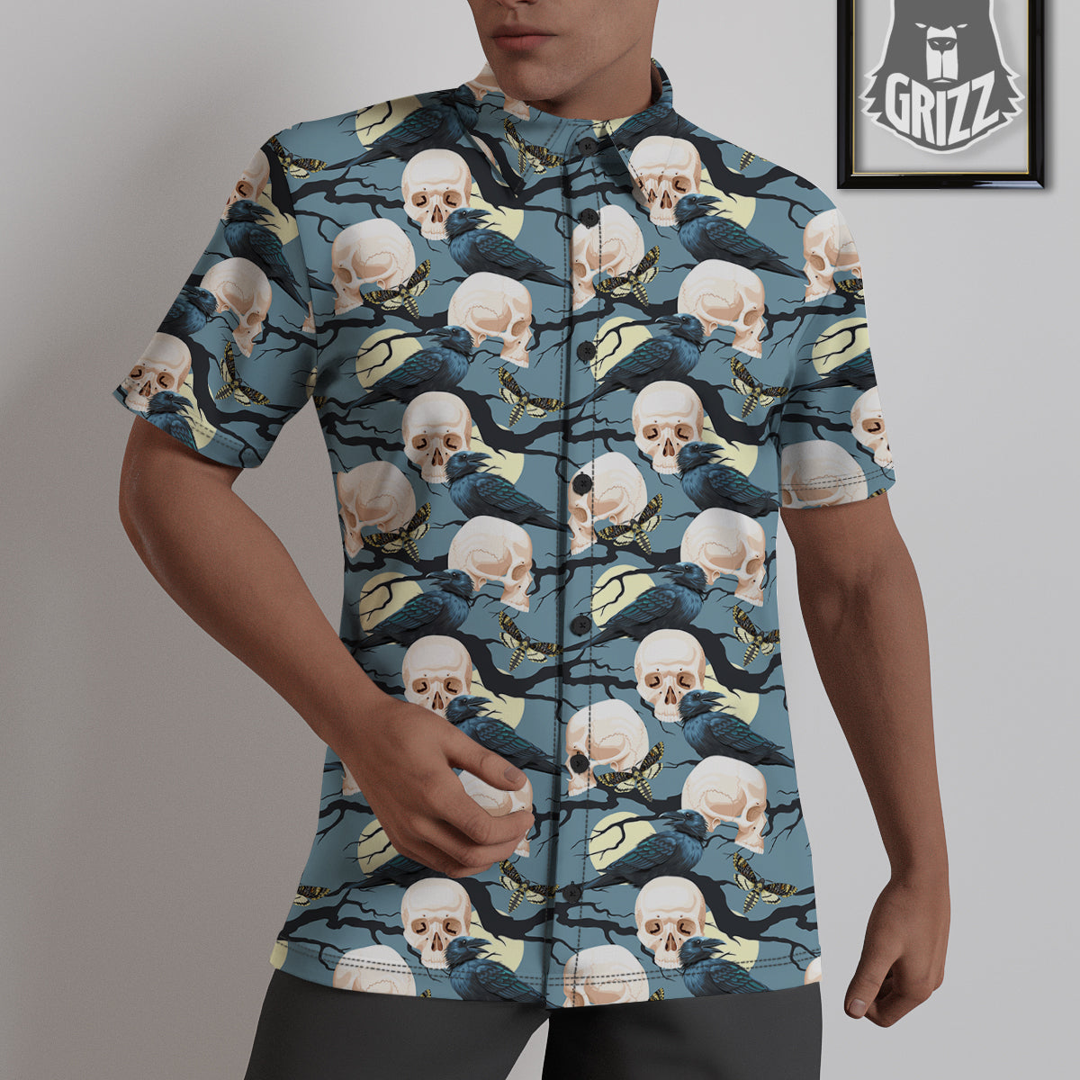 Raven Skull Print Pattern Untucked Shirts-grizzshop