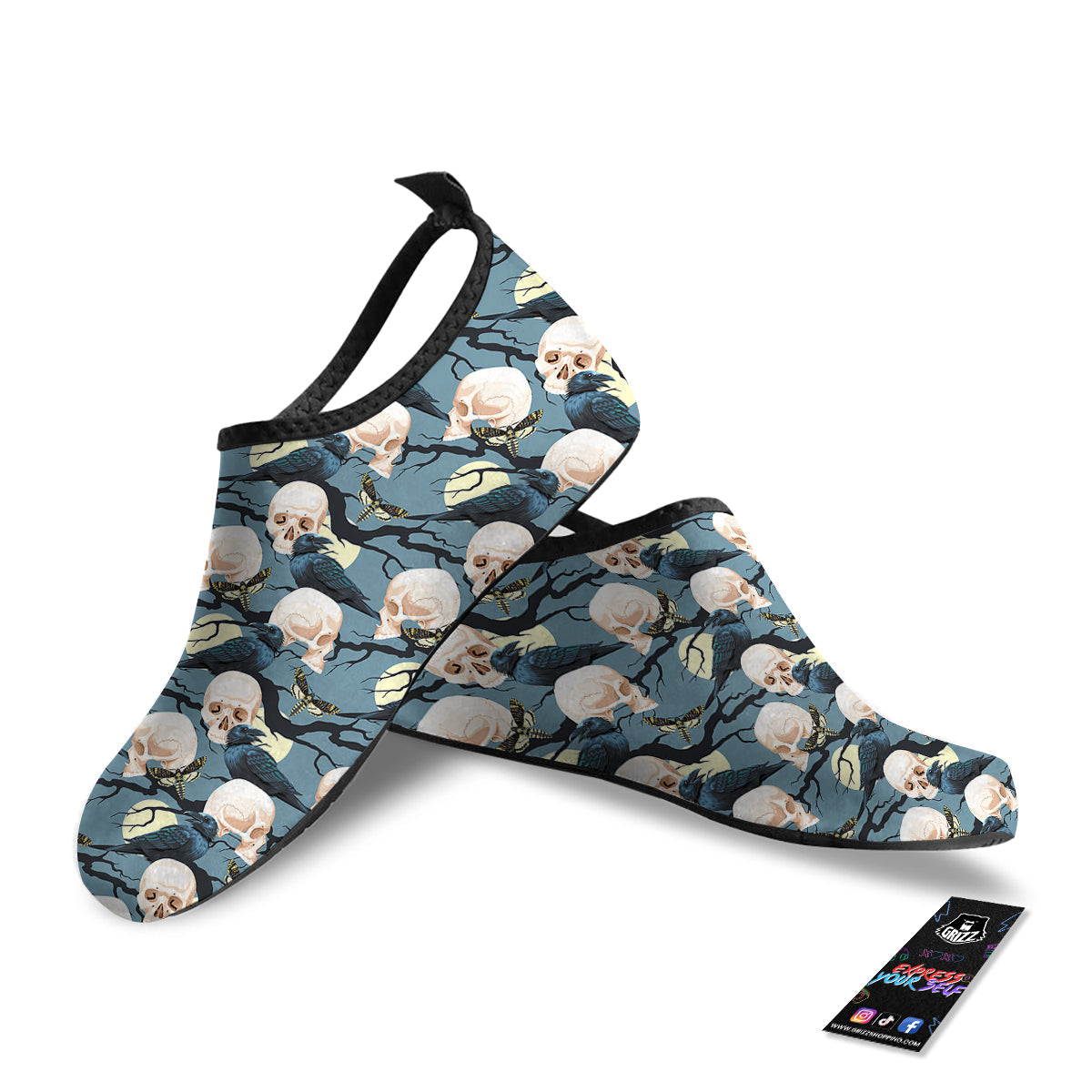 Raven Skull Print Pattern Water Shoes-grizzshop
