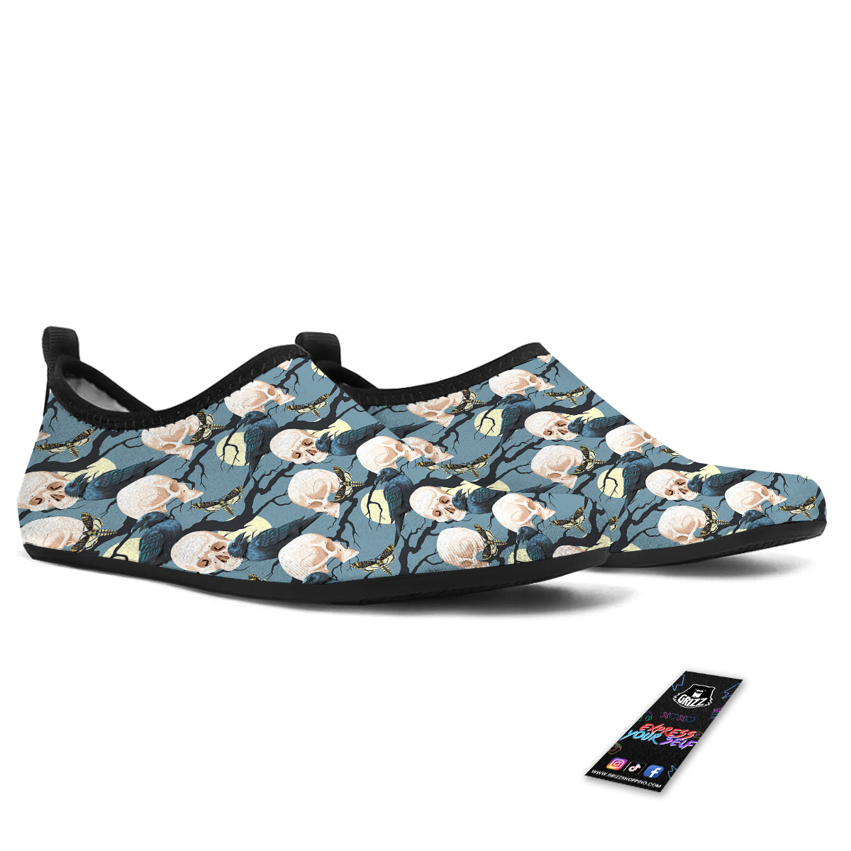 Raven Skull Print Pattern Water Shoes-grizzshop