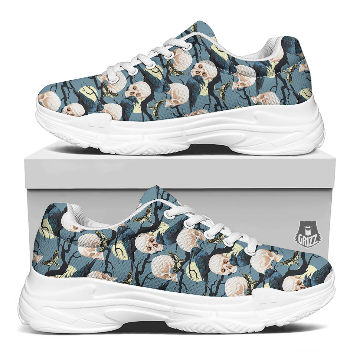 Raven Skull Print Pattern White Chunky Shoes-grizzshop