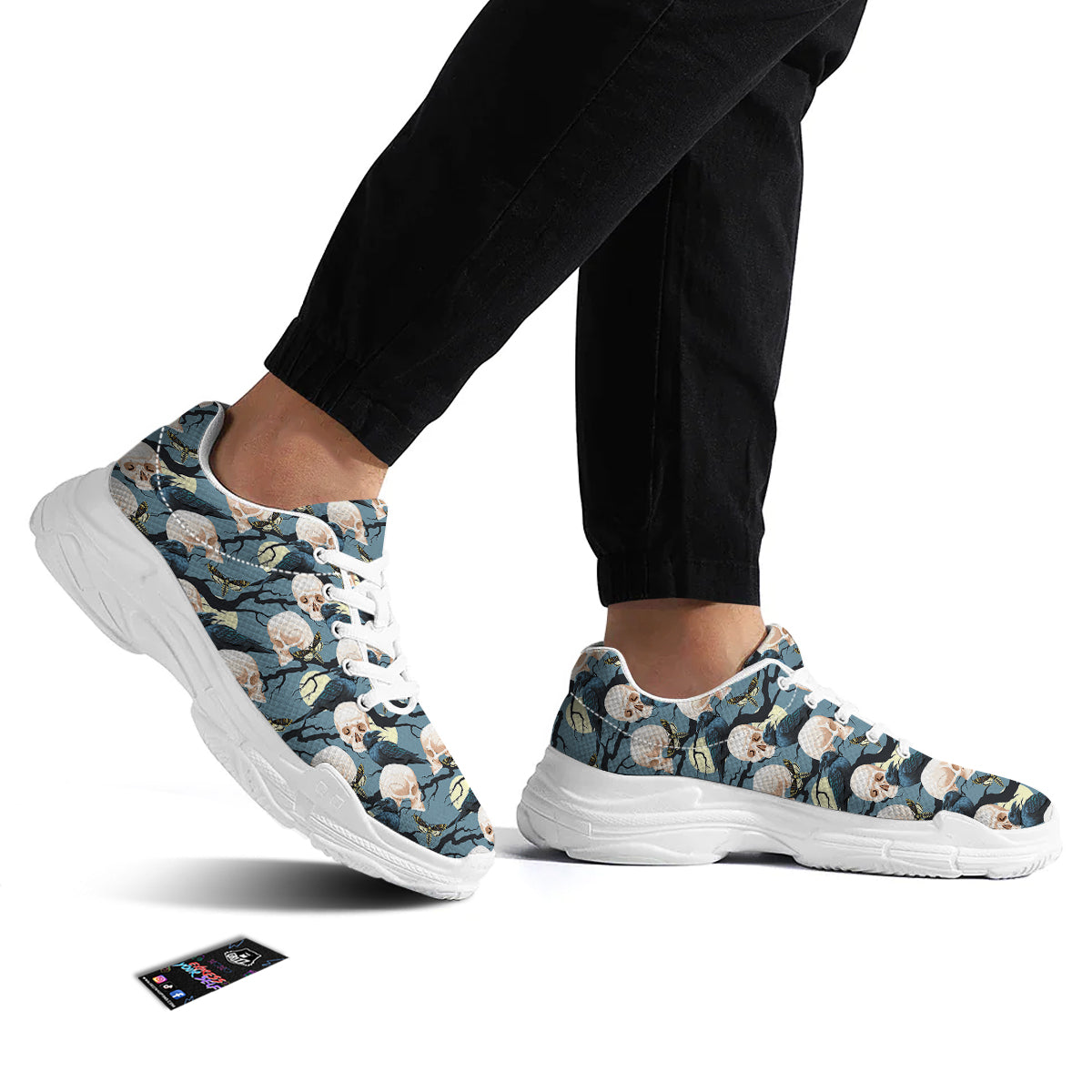 Raven Skull Print Pattern White Chunky Shoes-grizzshop