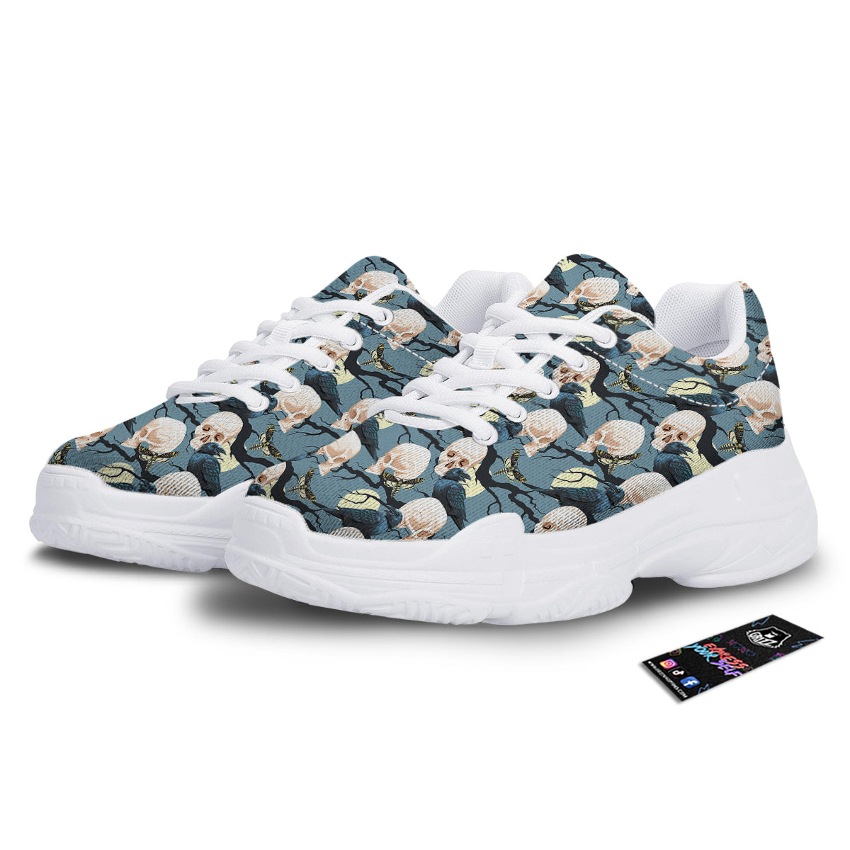Raven Skull Print Pattern White Chunky Shoes-grizzshop