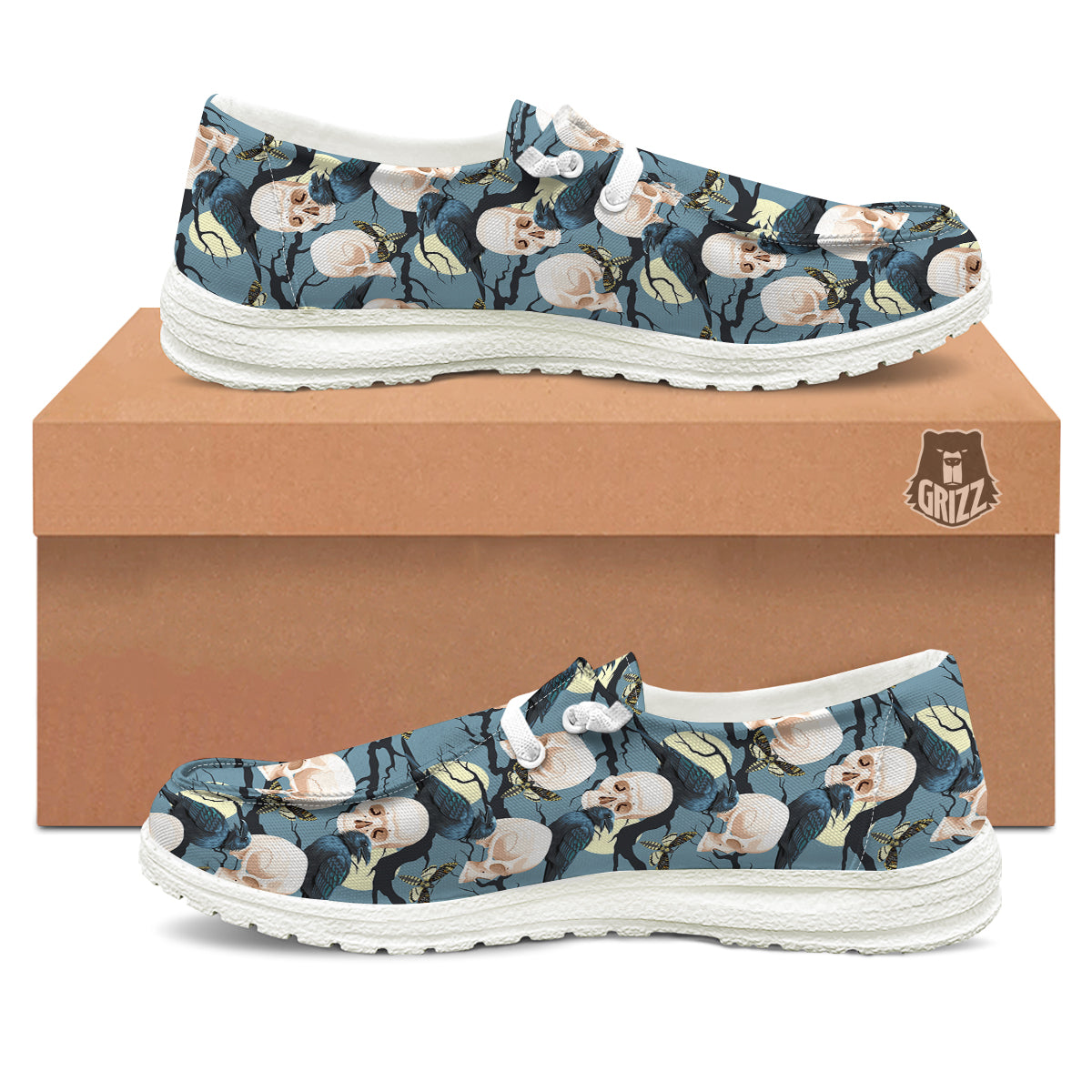 Raven Skull Print Pattern White Loafers-grizzshop