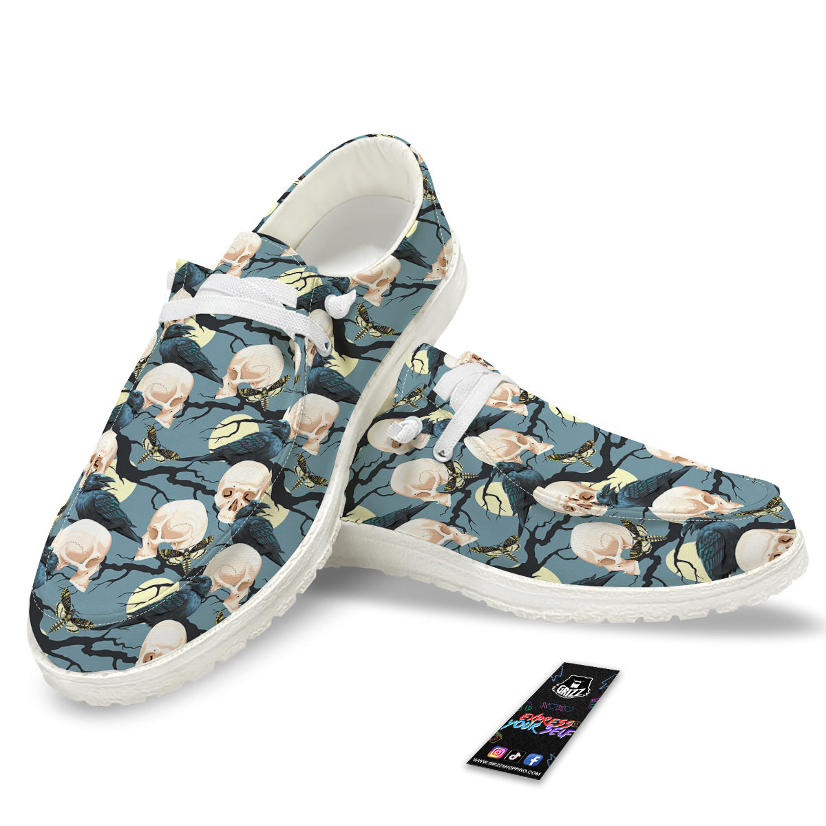 Raven Skull Print Pattern White Loafers-grizzshop