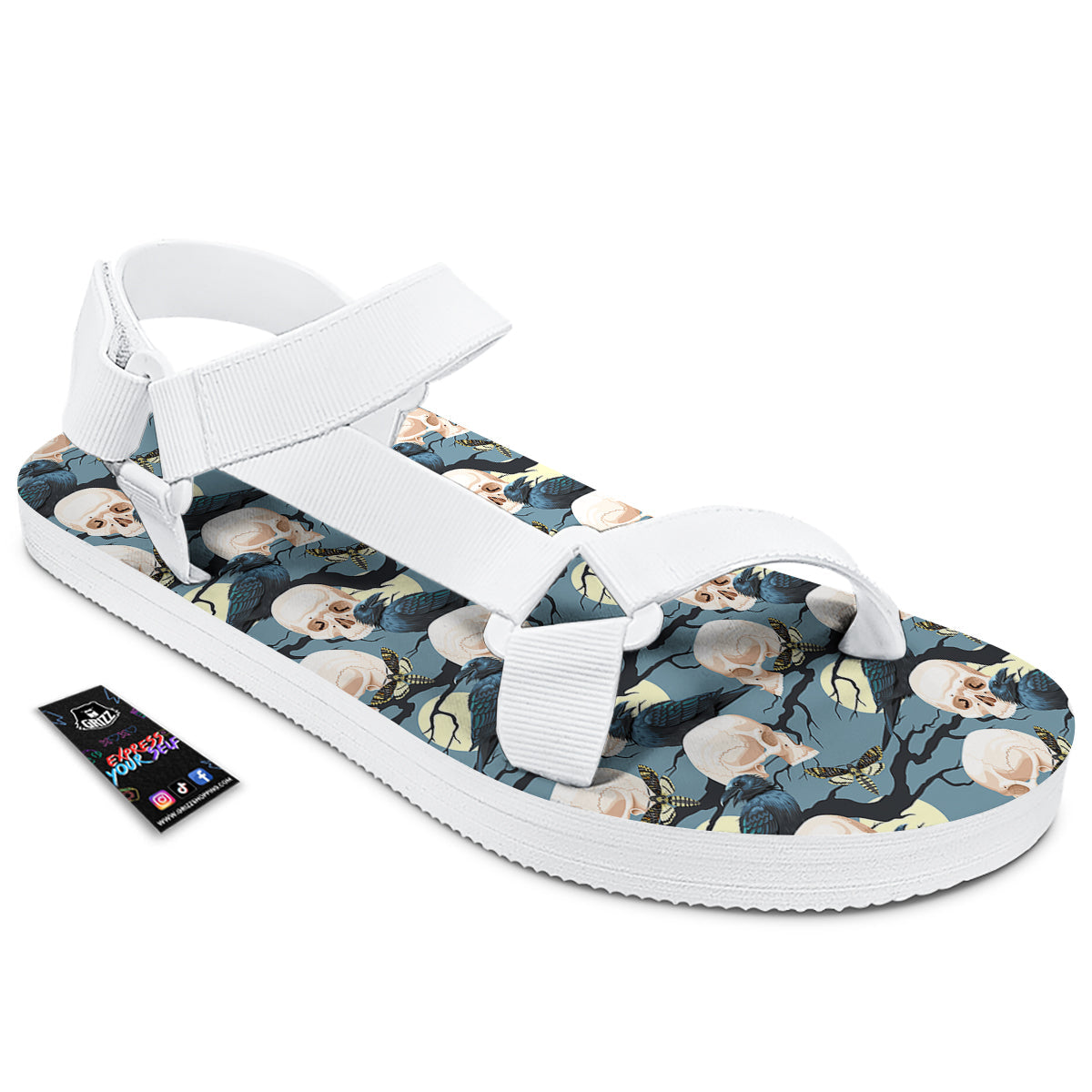 Raven Skull Print Pattern White Open Toe Sandals-grizzshop