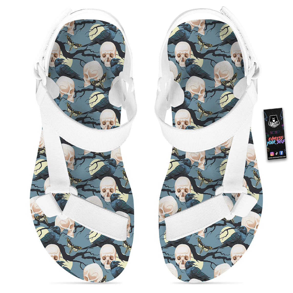 Raven Skull Print Pattern White Open Toe Sandals-grizzshop