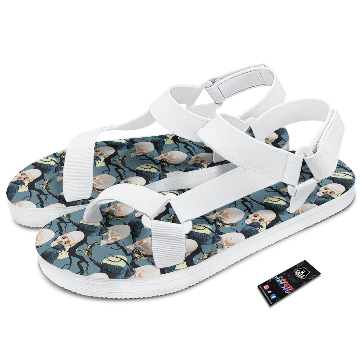 Raven Skull Print Pattern White Open Toe Sandals-grizzshop