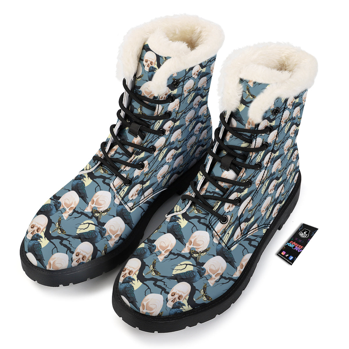Raven Skull Print Pattern Winter Boots-grizzshop