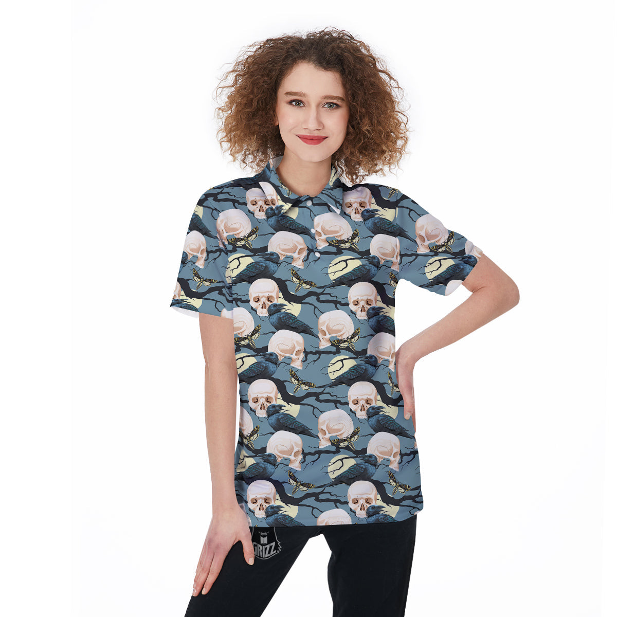 Raven Skull Print Pattern Women's Golf Shirts-grizzshop