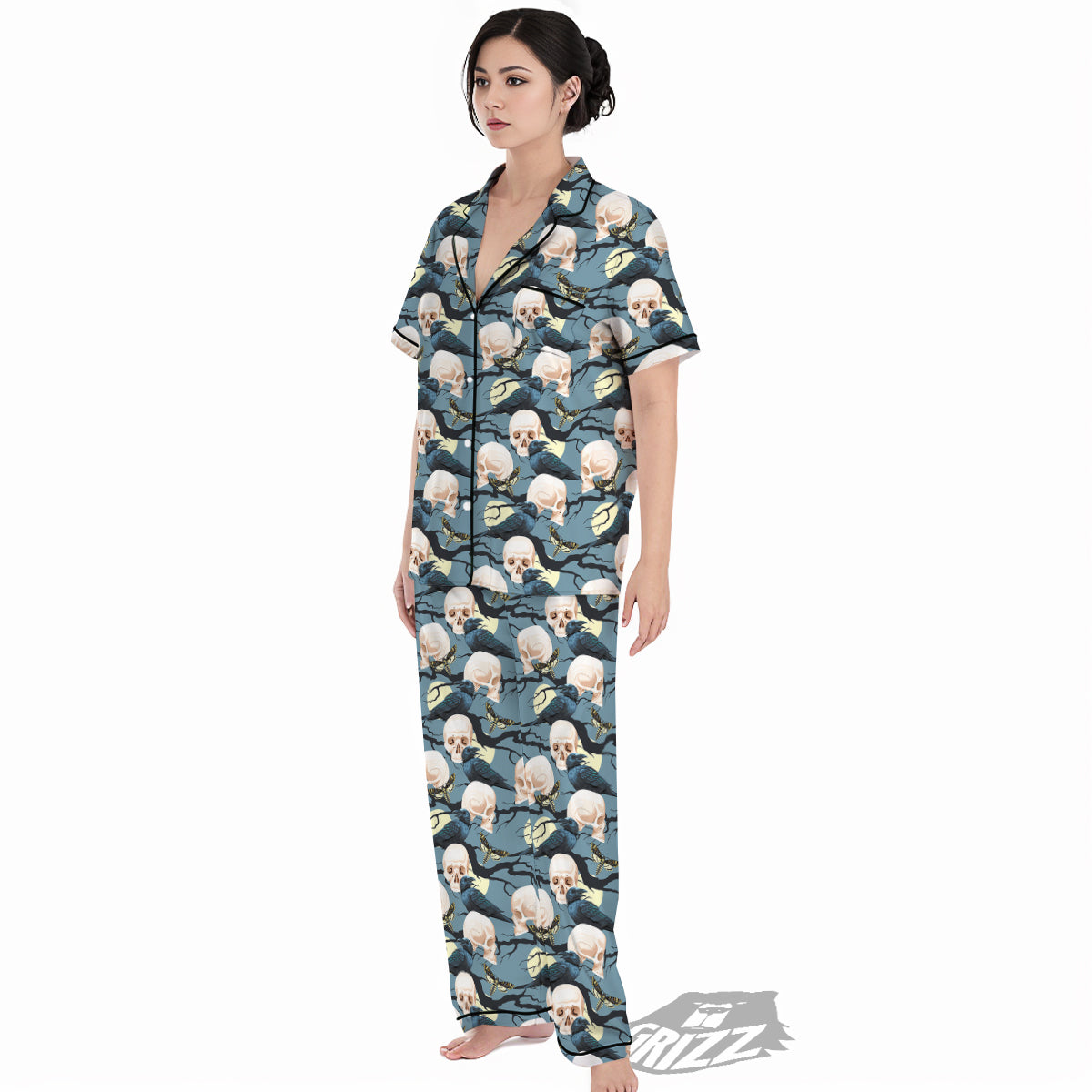 Raven Skull Print Pattern Women's Pajamas Set-grizzshop