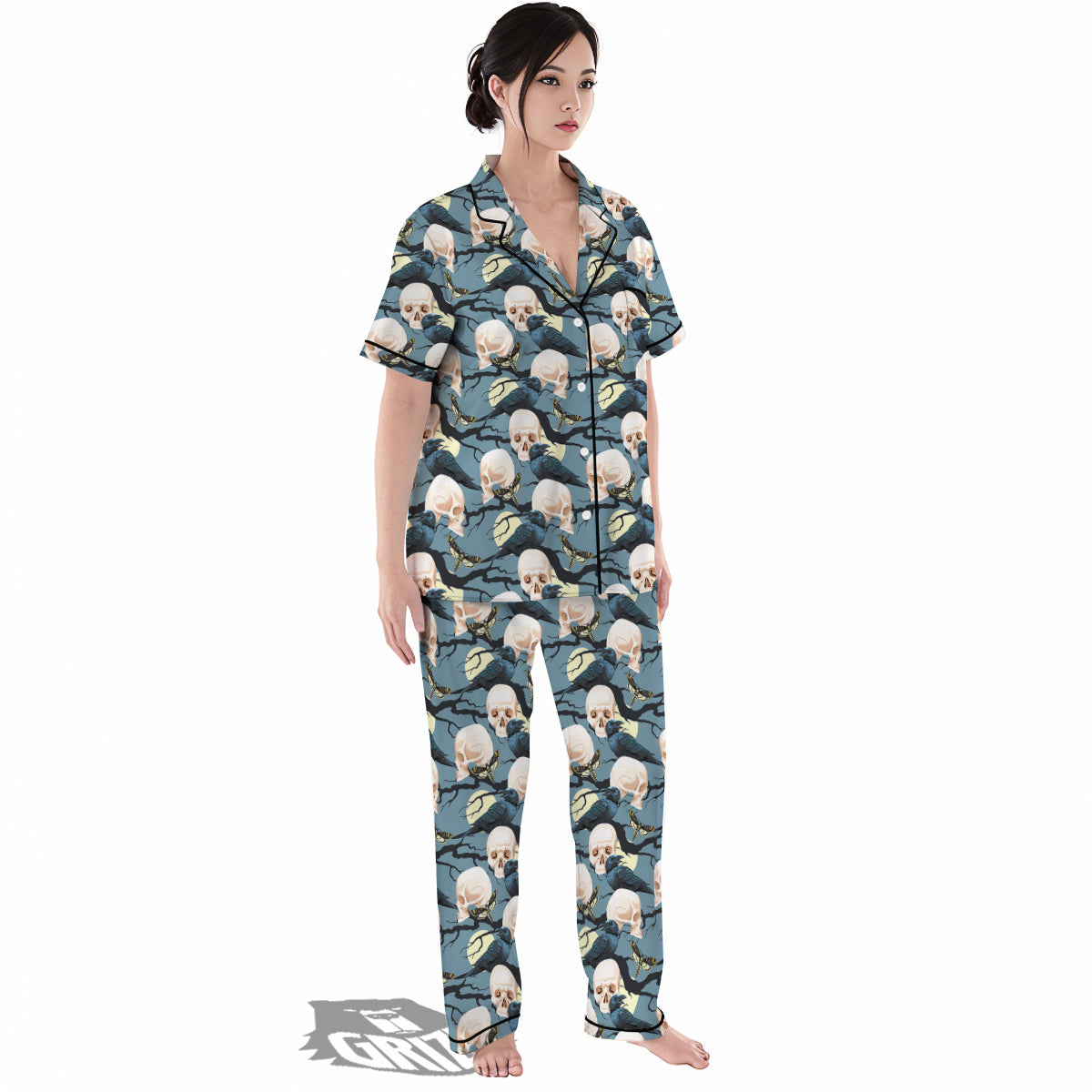 Raven Skull Print Pattern Women's Pajamas Set-grizzshop