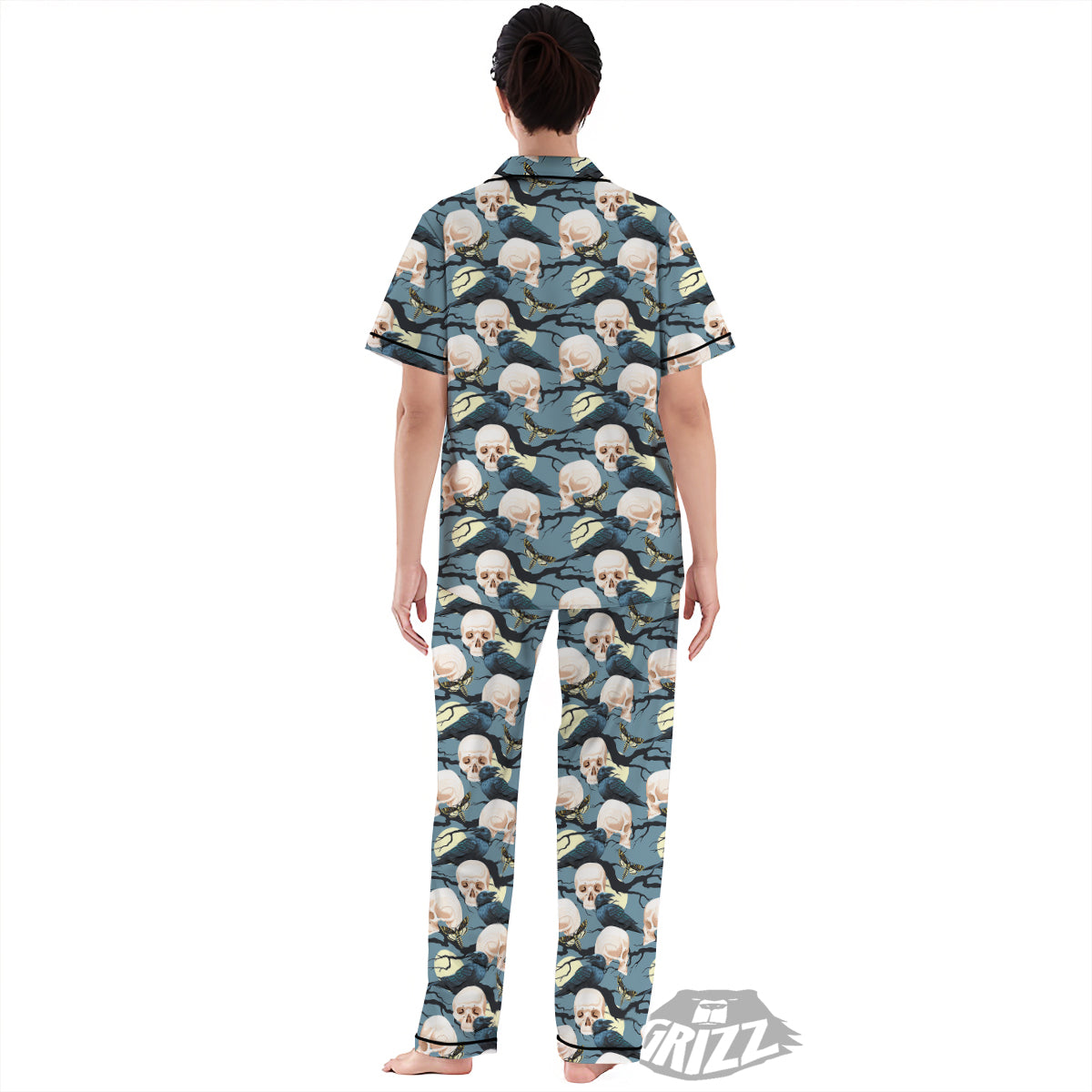 Raven Skull Print Pattern Women's Pajamas Set-grizzshop