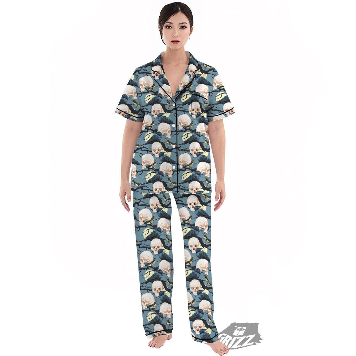 Raven Skull Print Pattern Women's Pajamas Set-grizzshop